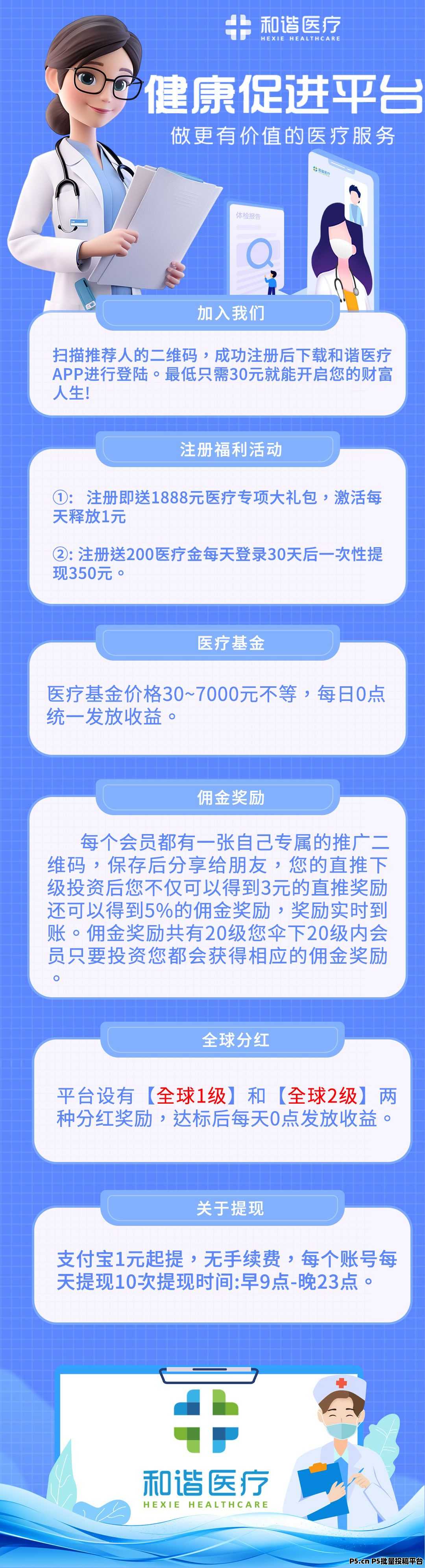 首码刚出一秒：和谐医疗，注册送福利，零撸登录奖励，自动收益，提现秒到，直推奖励