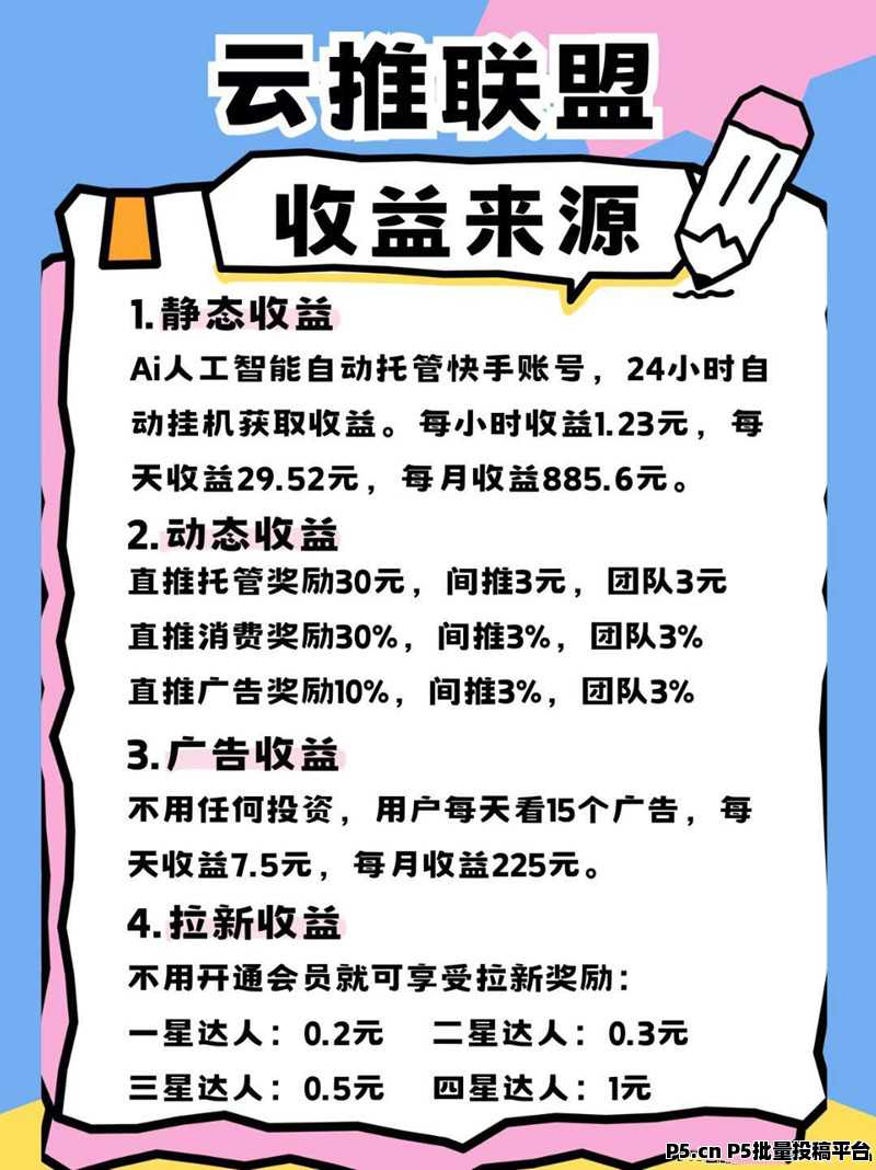 云推联盟挂机托管，收益高，广告赚零撸，绿色项目，最新零撸