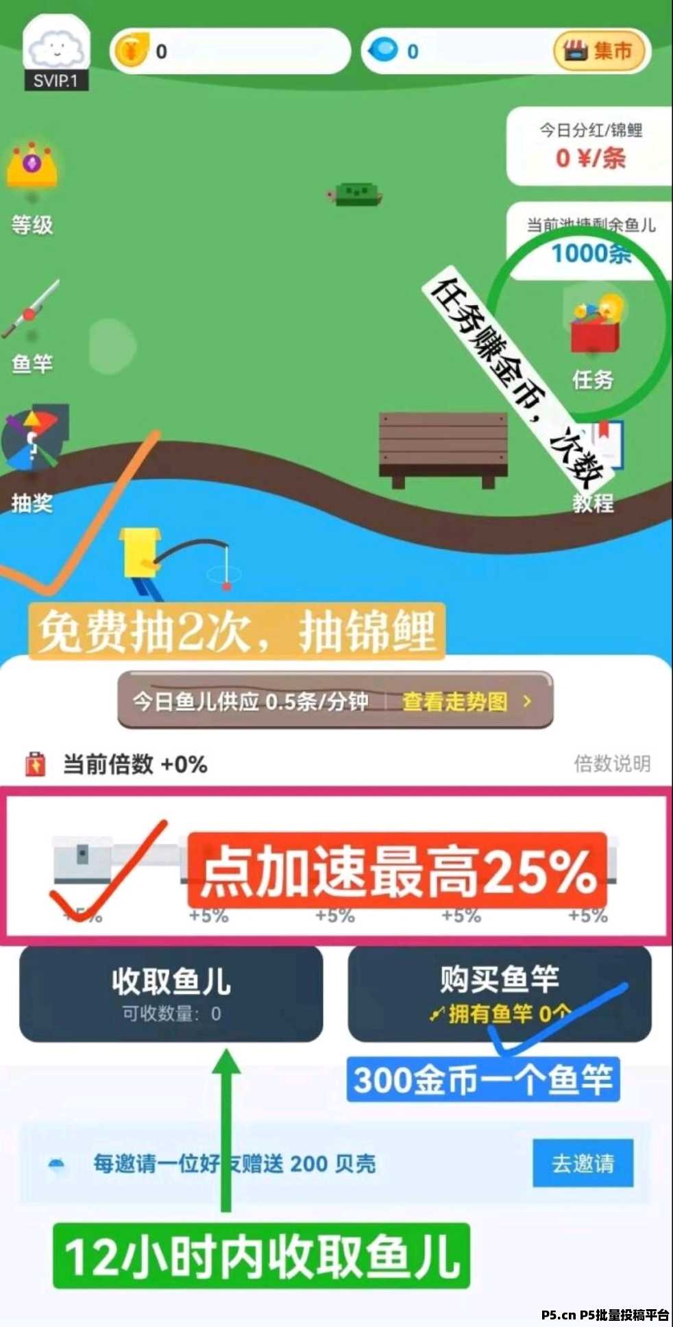 鱼塘APP零成本养鱼赚米，送鱼竿轻松收溢，邀好友还能赚双重分成